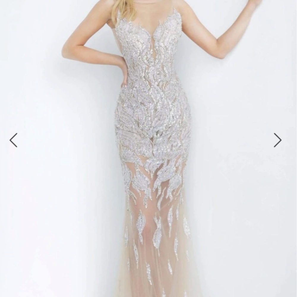 Beautiful Jovani Embellished Mesh Bateau Gown